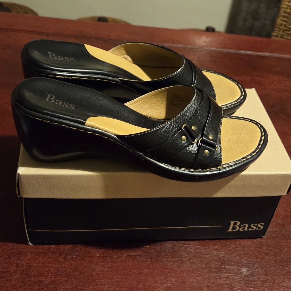 SOLD+Bass Black Leather Wedge Mules with Tan Insole